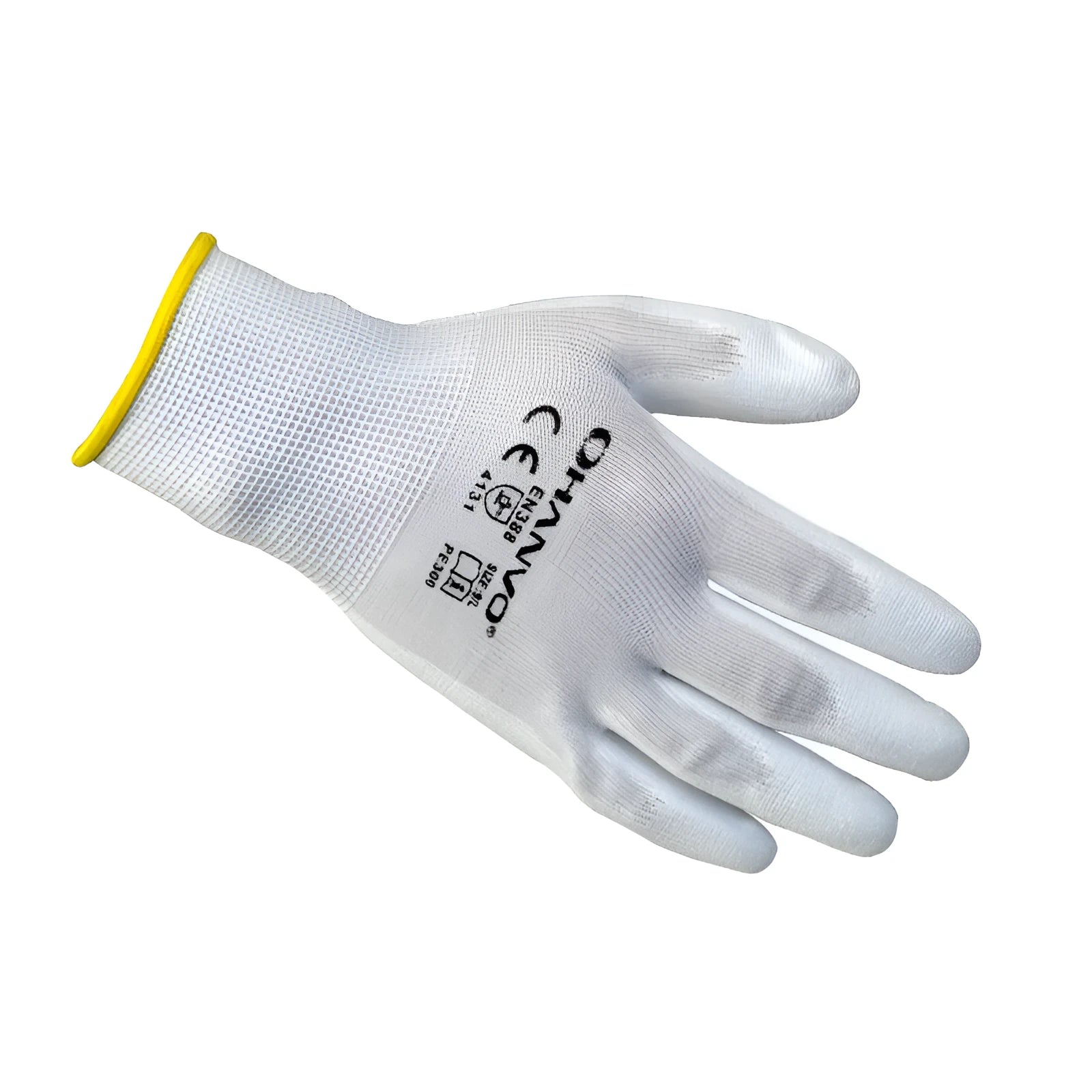 White PU coated work gloves showing palm coating detail, laid flat to display 24 cm length and L/M size labels