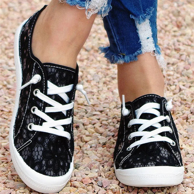 Women's breathable mesh lace flats shoes in beige with round toe and front lacing