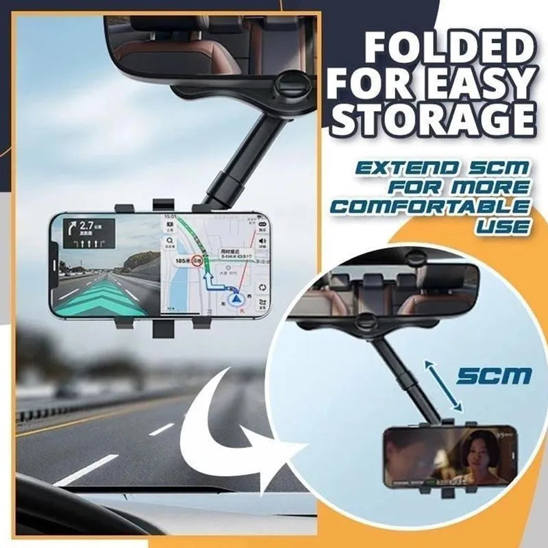 Black rearview mirror phone holder showing 360-degree rotation and telescopic arm extension