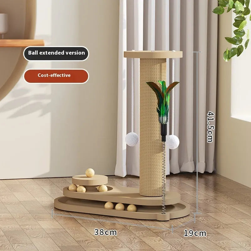 Solid wood cat scratching post with a central rotating turntable, shown in a natural wood finish.