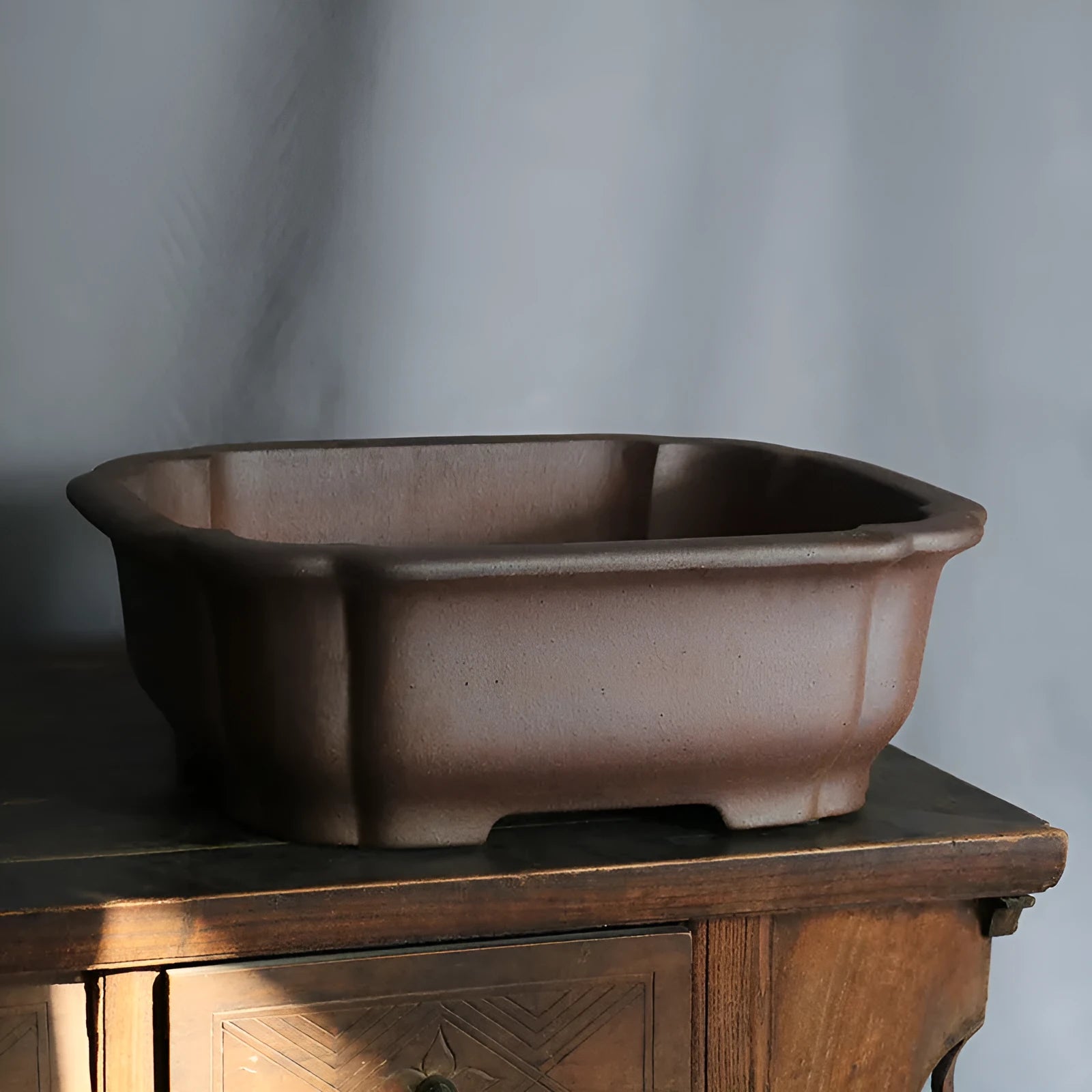 Purple sand rectangular bonsai flower pot in modern minimalist style on wooden floor