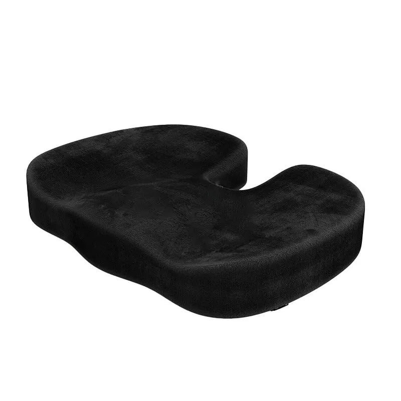 Black flannel U-shaped memory foam office seat cushion measuring 46 by 36 centimetres.