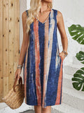 V-neck sleeveless dress with colour block stripes in a casual Korean style.