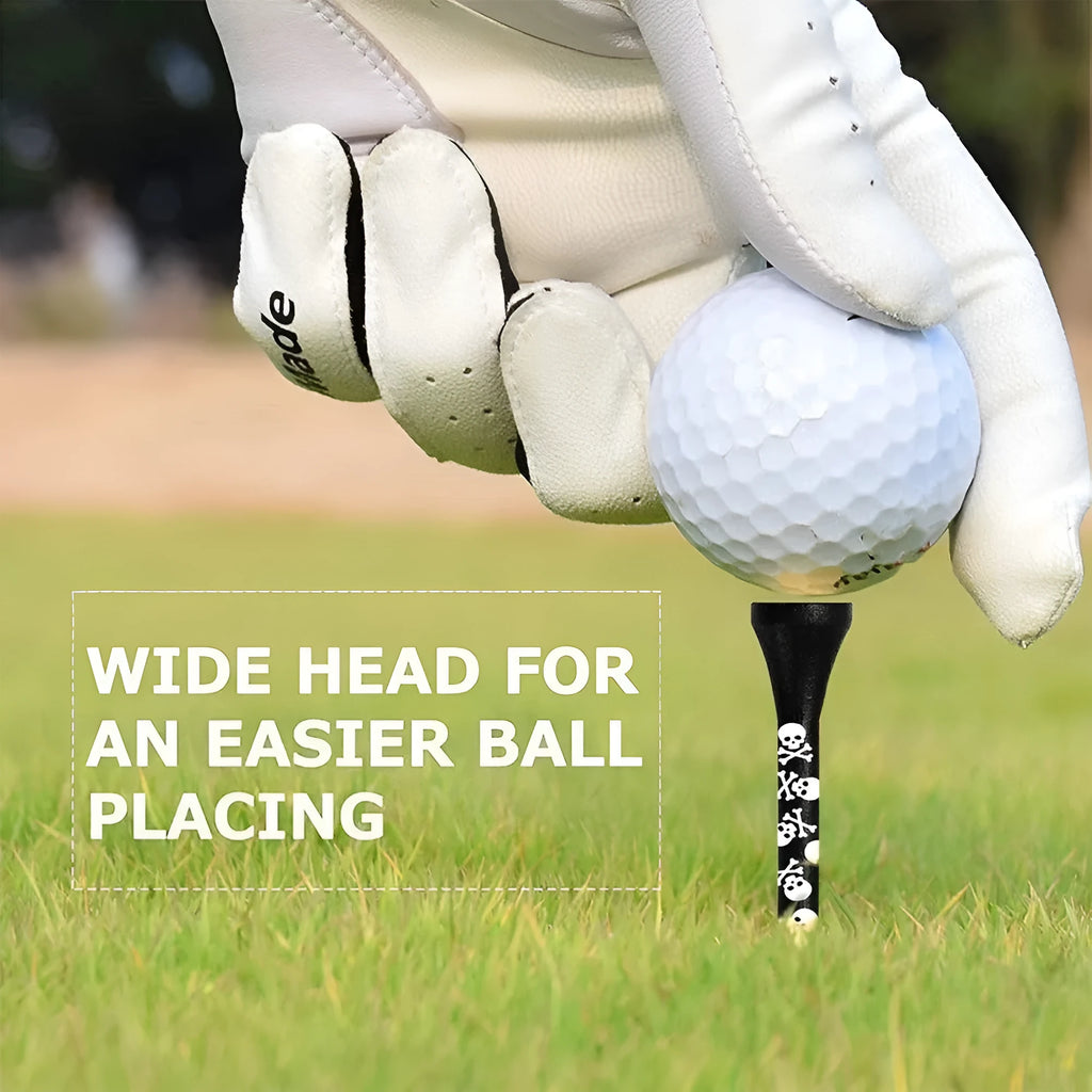 Bamboo golf spike dowel pins with black skull print in 70mm and 83mm lengths