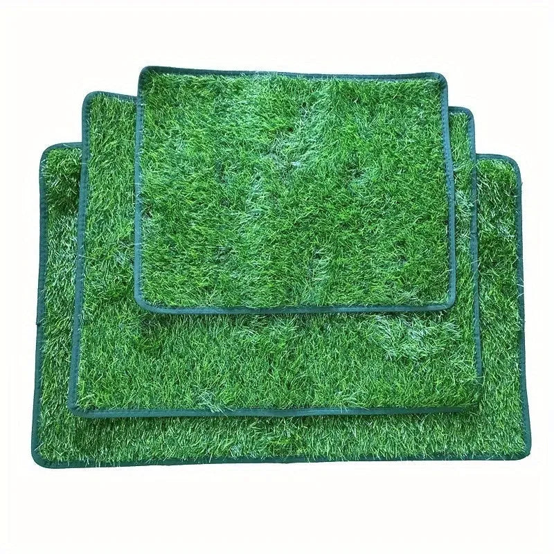 Artificial grass dog toilet training mat with non-slip backing, shown in three available sizes.