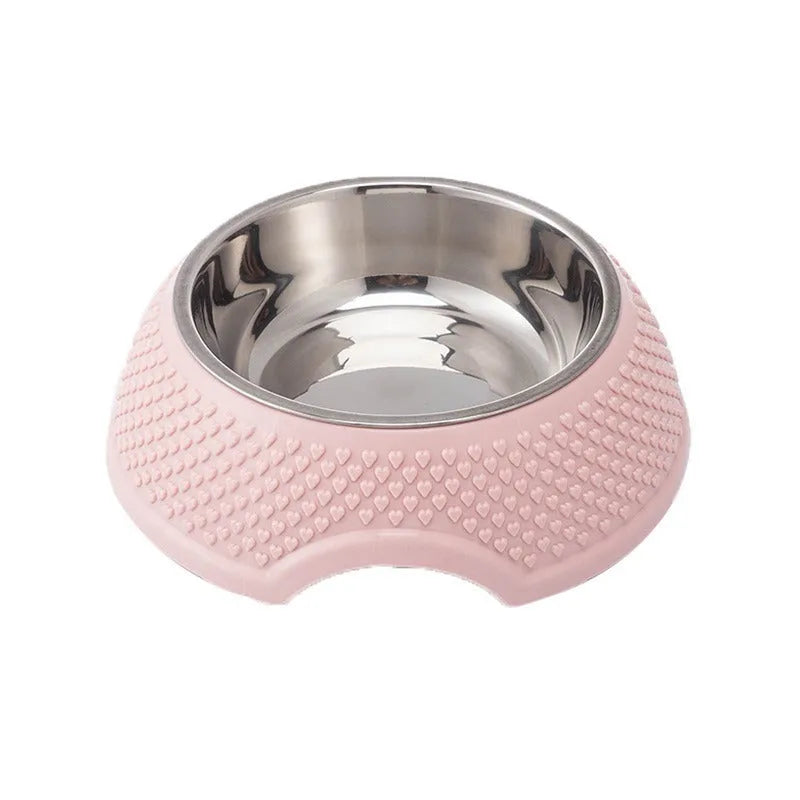 Set of four stainless steel pet bowls with coloured bases, shown from above.