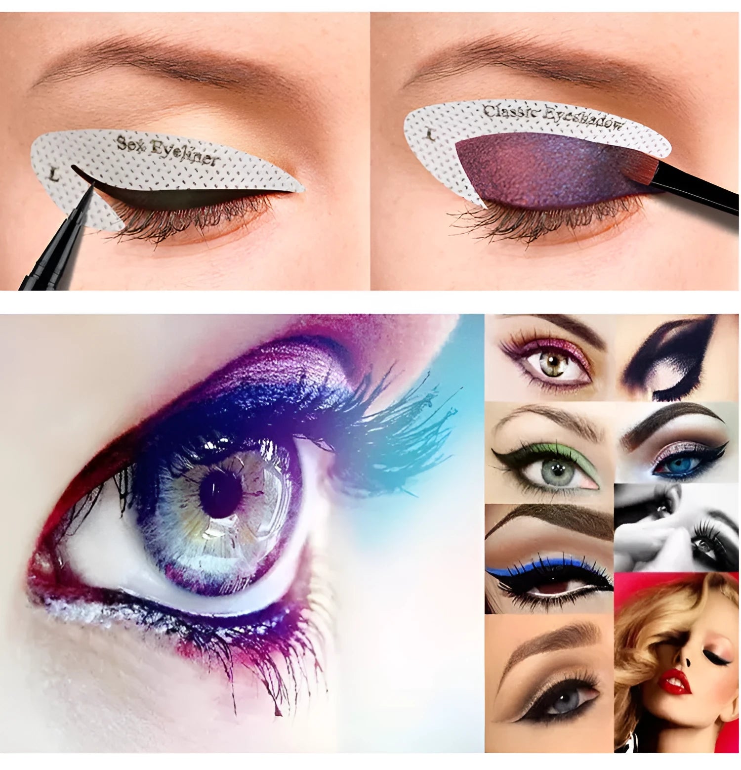 Set of 4 reusable eyeliner makeup sticker templates showing winged liner and cat-eye designs