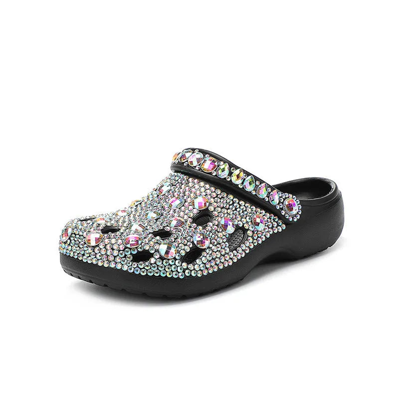 Black women's platform sandals with rhinestone decoration and a thick EVA sole.