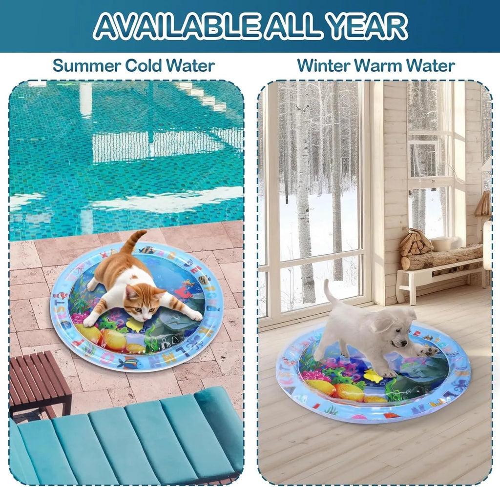 95cm square pet water playmat with floating fish toys in clear PVC mat for cats and dogs