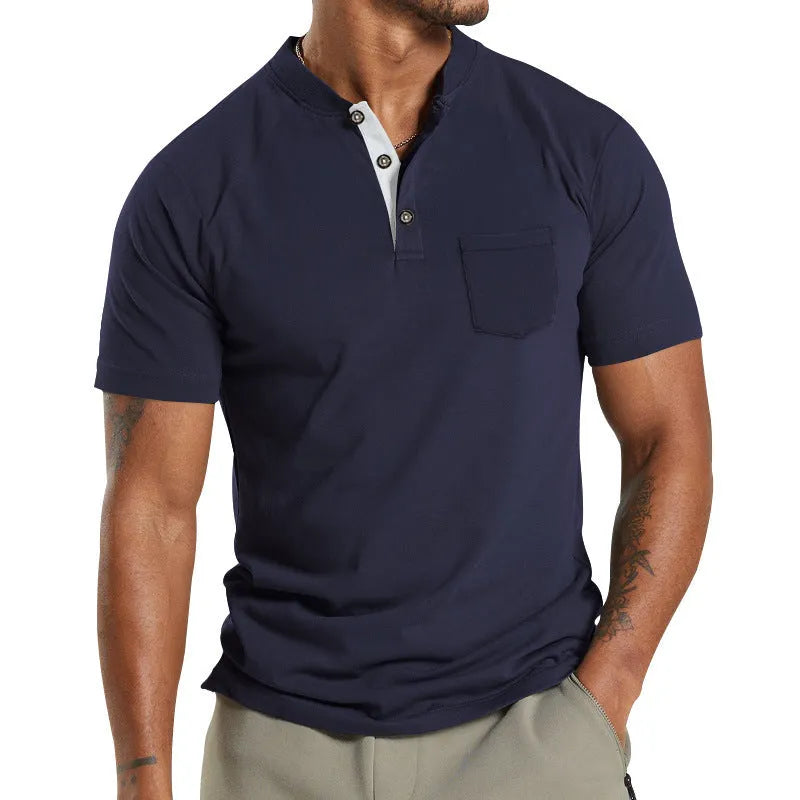 Plus size man wearing a light khaki short sleeve polyester shirt with a button chest pocket.