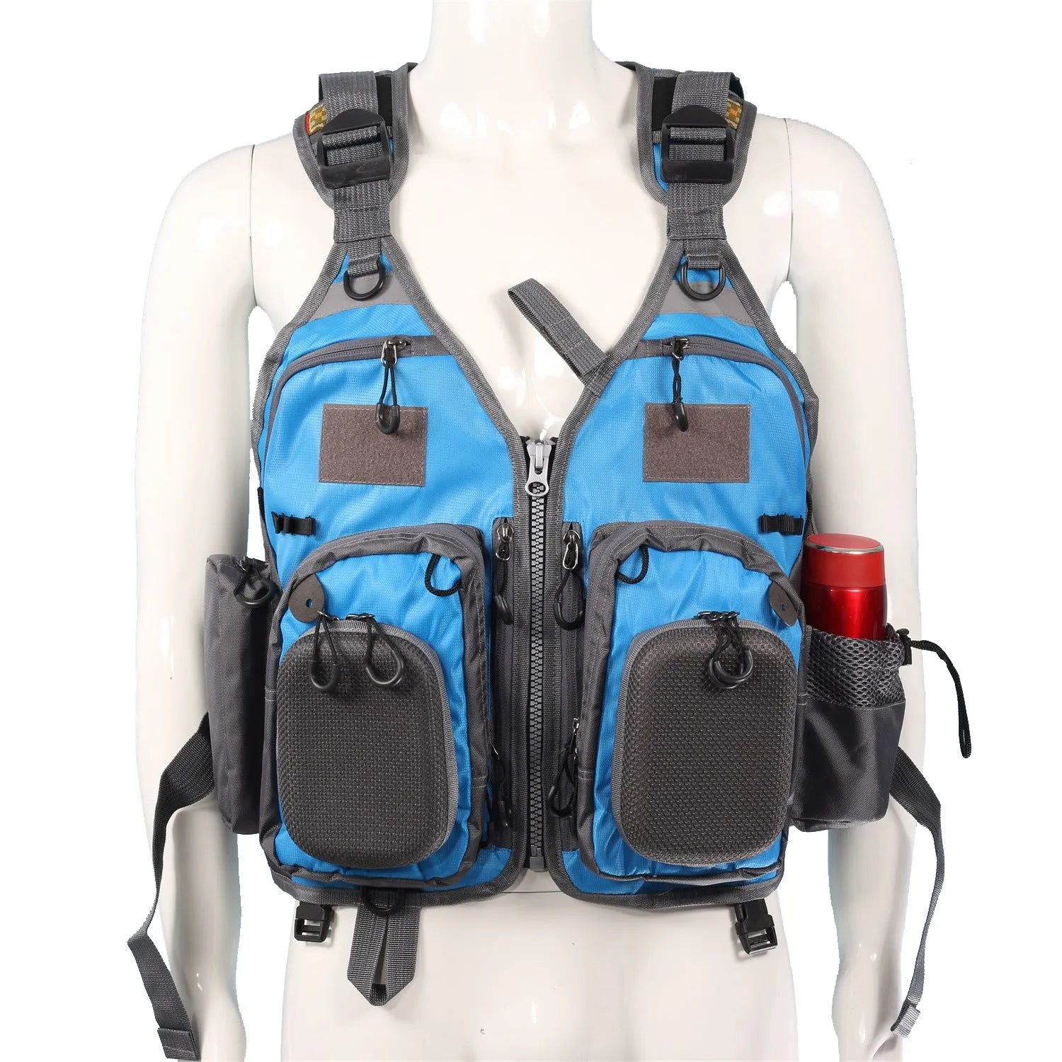 Grey ripstop polyester fishing life jacket with multiple pockets, MOLLE panels, and reflective strips on a mannequin.