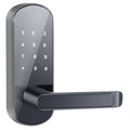 Smart Bluetooth fingerprint door lock in black or silver finish on a wooden door.