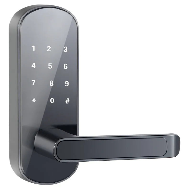 Smart Bluetooth fingerprint door lock in black or silver finish on a wooden door.
