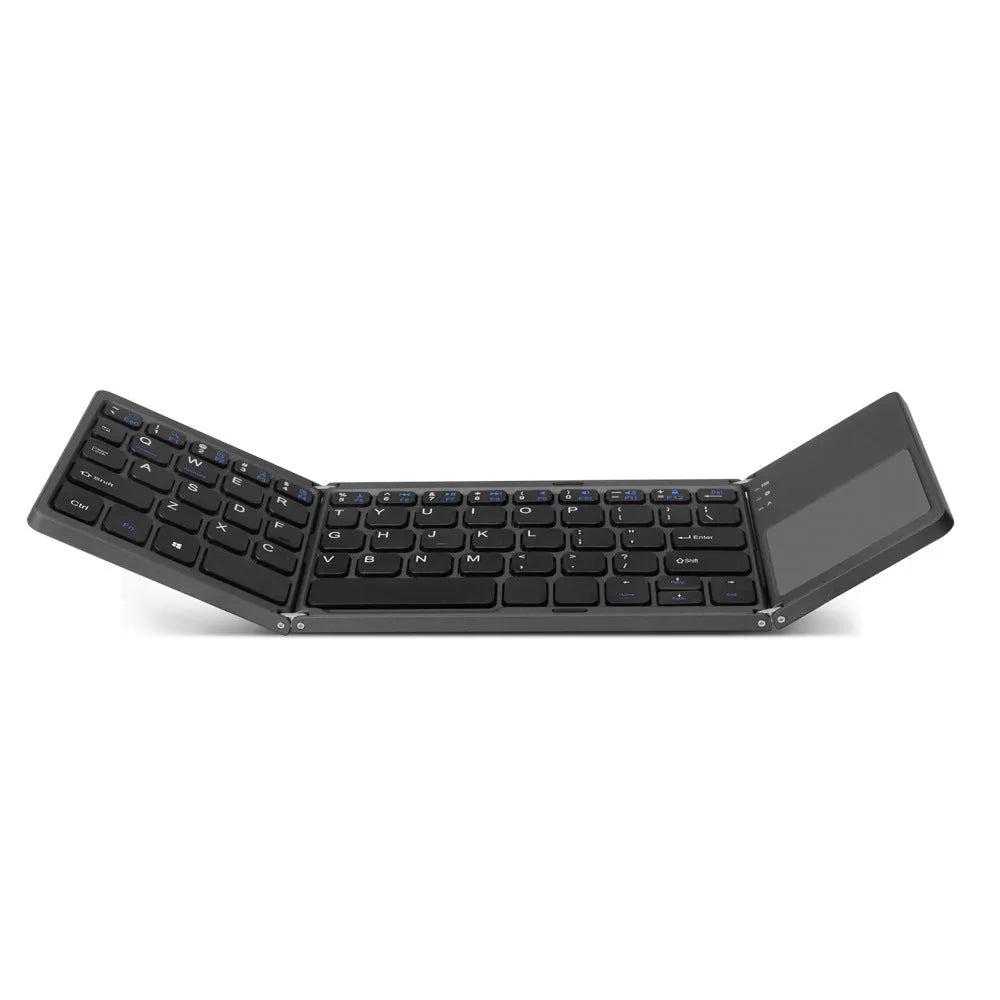 Ultra-thin tri-fold folding touch Bluetooth keyboard in black with touchpad, folded and spread views