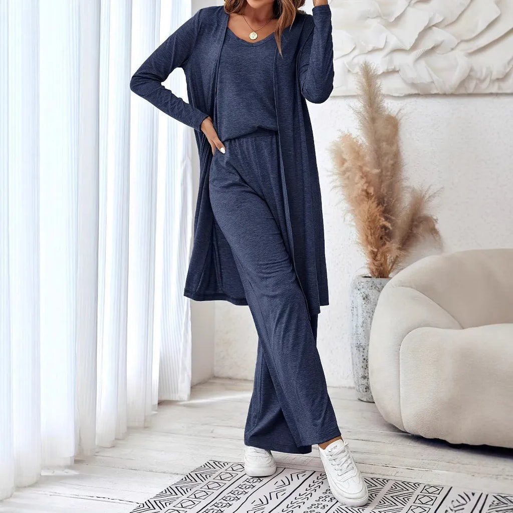 Blue women's three-piece casual suit with sling top, cardigan, and trousers in Japanese Korean style
