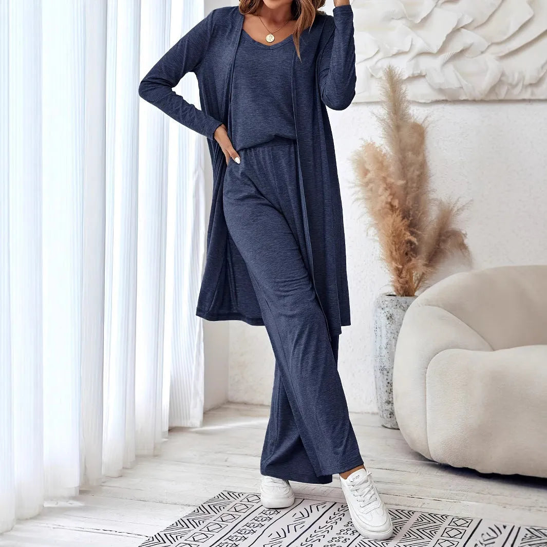 Blue women's three-piece casual suit with sling top, cardigan, and trousers in Japanese Korean style
