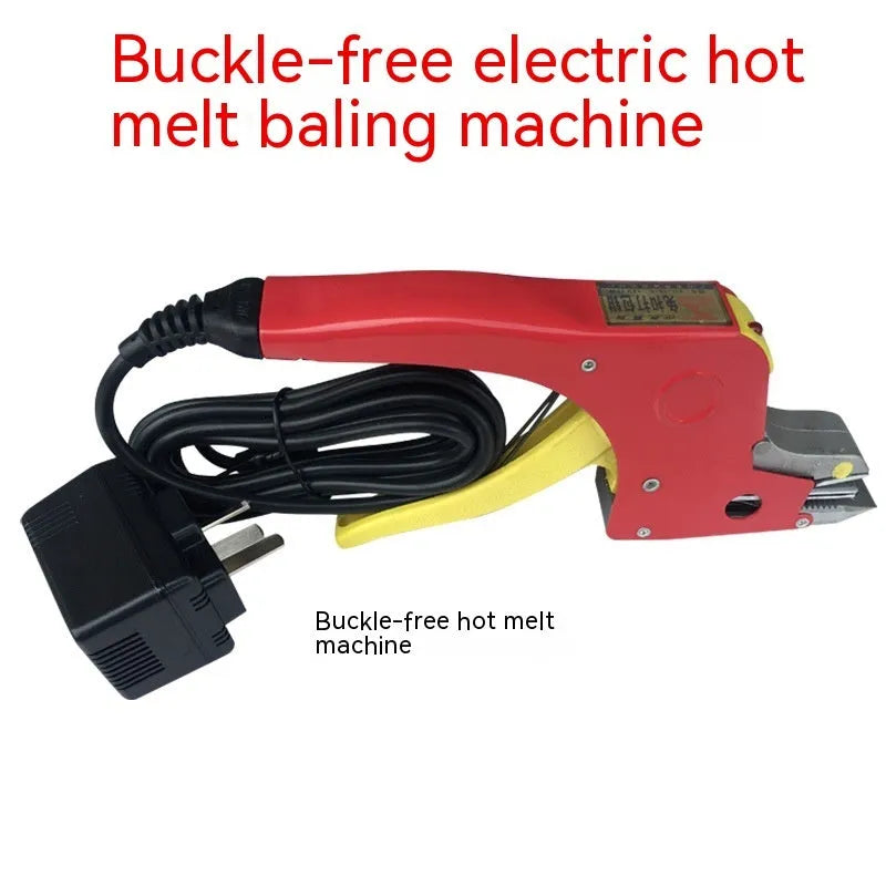 Portable electric hot melt packing machine with plastic steel tensioner and yellow packaging tape.