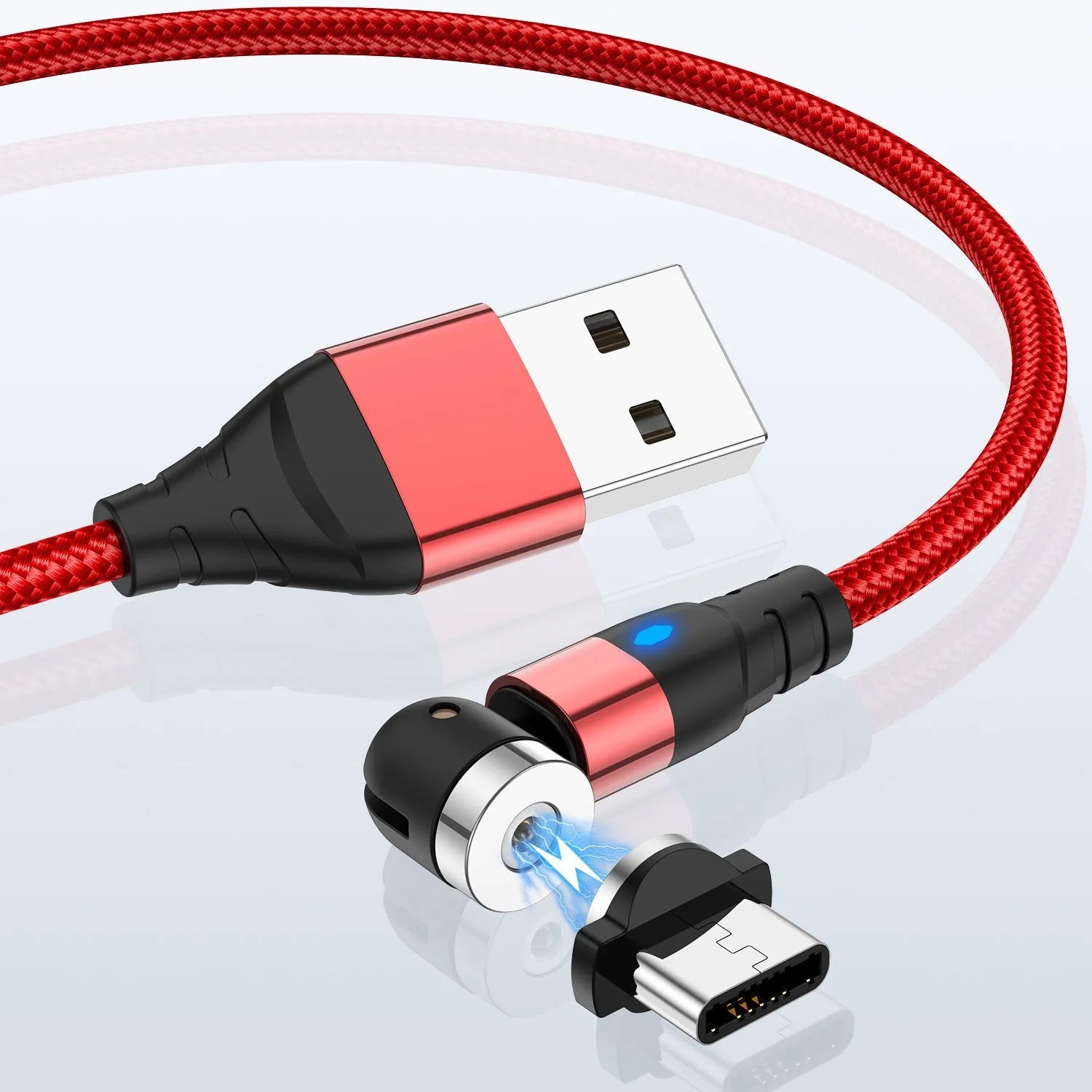 Black magnetic charging cable with LED diamond lamp, showing Android and Type-C magnetic connectors.