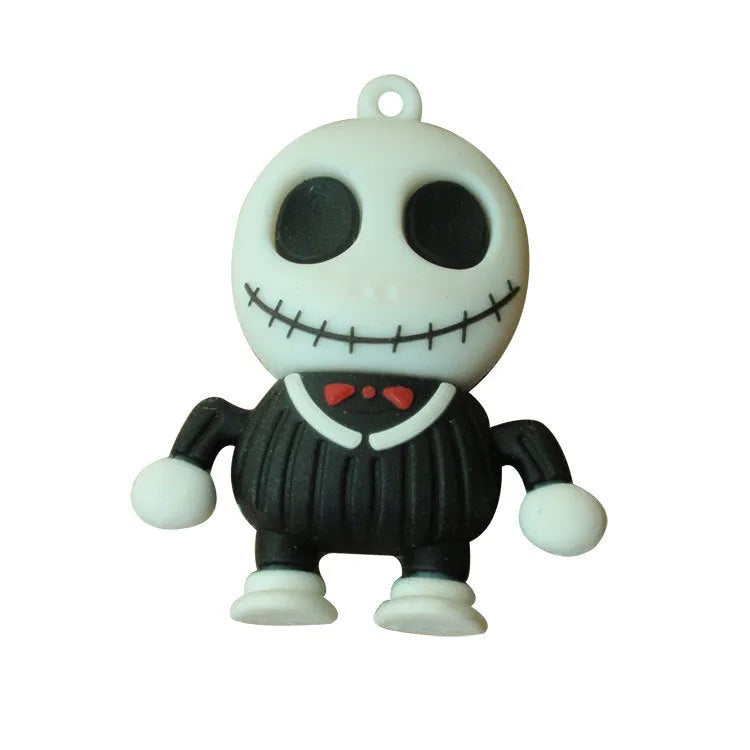Skull-shaped USB flash drive on a small chain with PVC shell and USB 3.0 connector.
