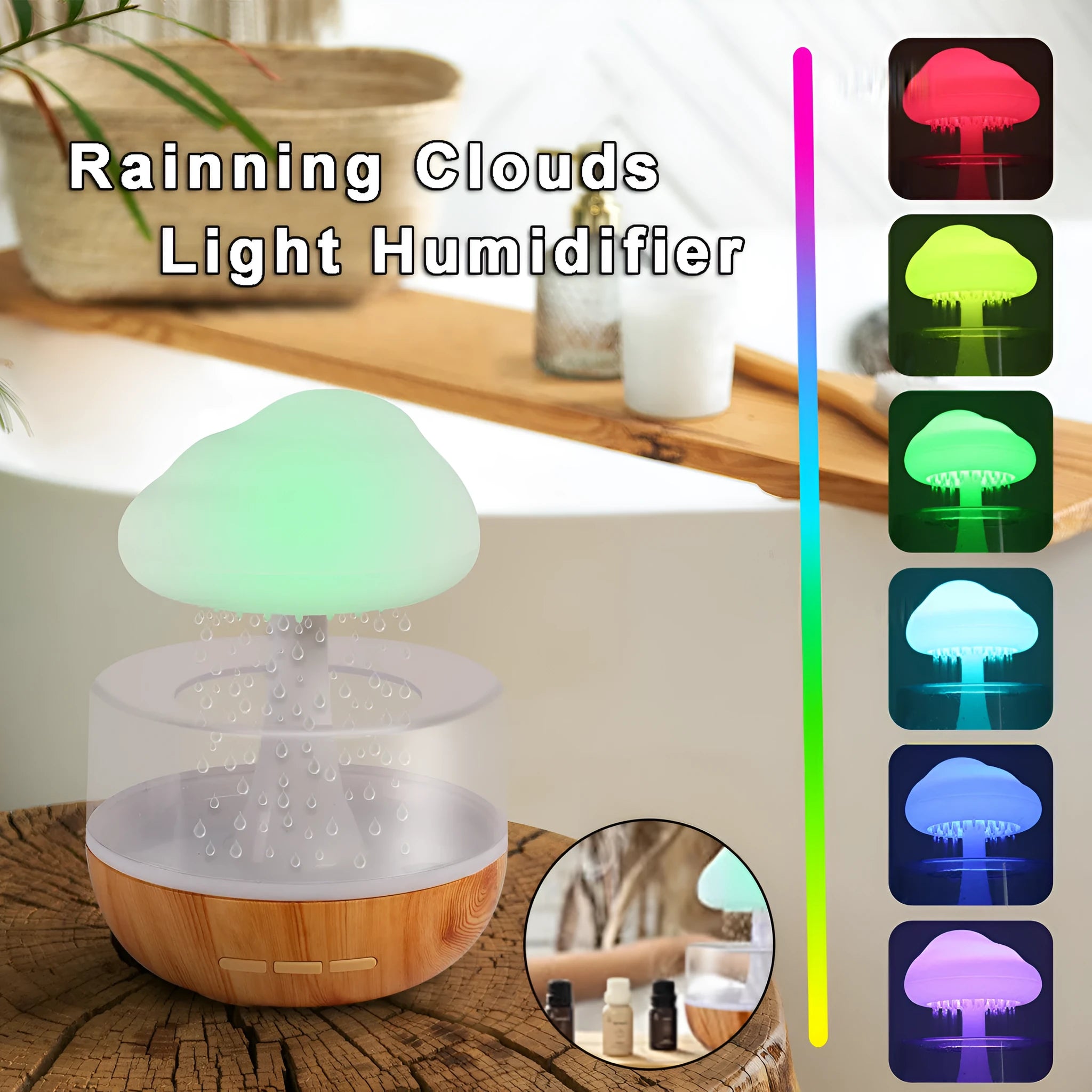 White cloud-shaped humidifier with coloured lights and water droplets