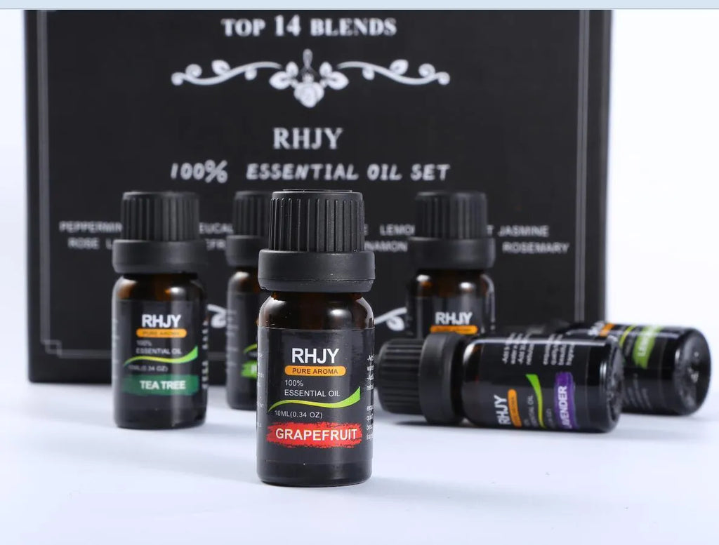 Aromatherapy essential oil set of 14 bottles, 10ml each, 100% purity, with labels for different scents