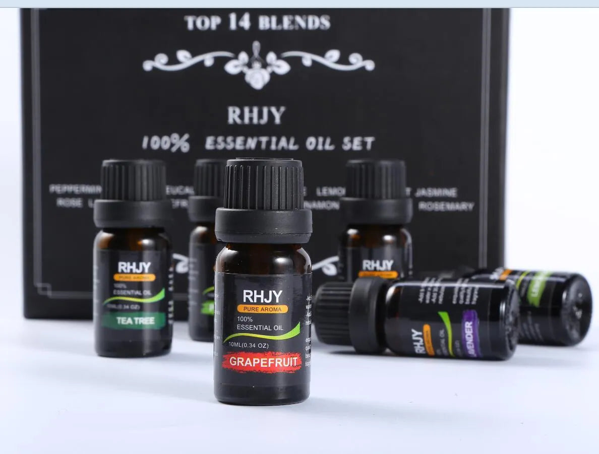 Aromatherapy essential oil set of 14 bottles, 10ml each, 100% purity, with labels for different scents