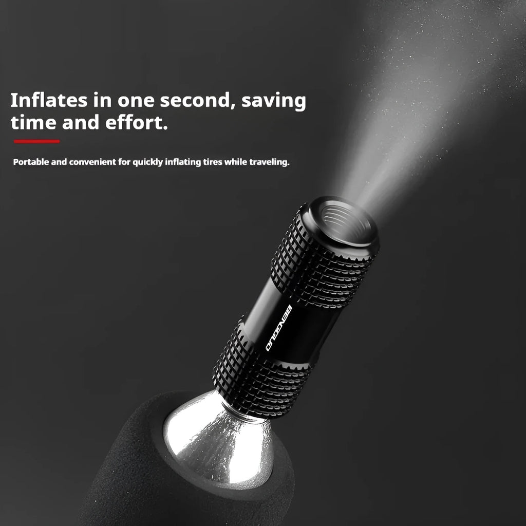 Portable air nozzle for bicycle inflation in black aluminium alloy, with fast charging pump attachment