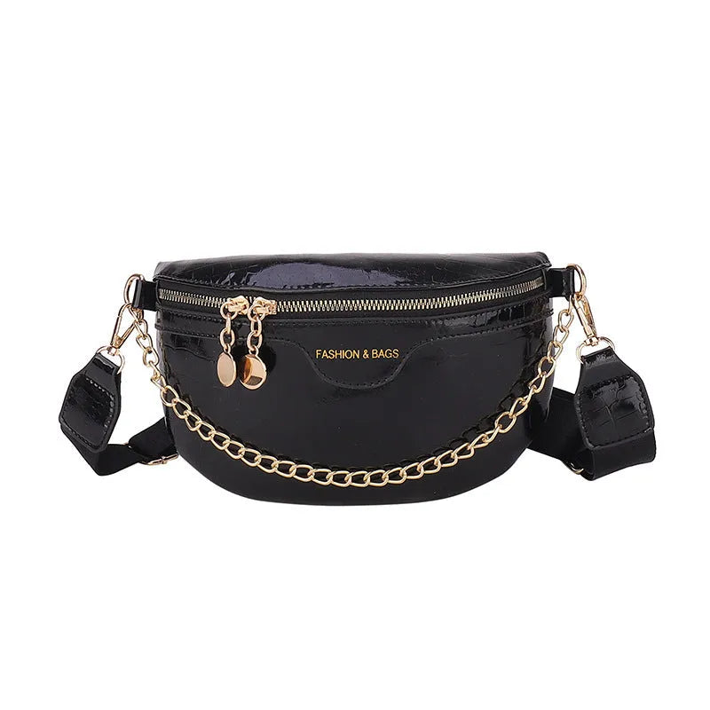 Shiny PU chest bag with chain shoulder strap available in silver colour