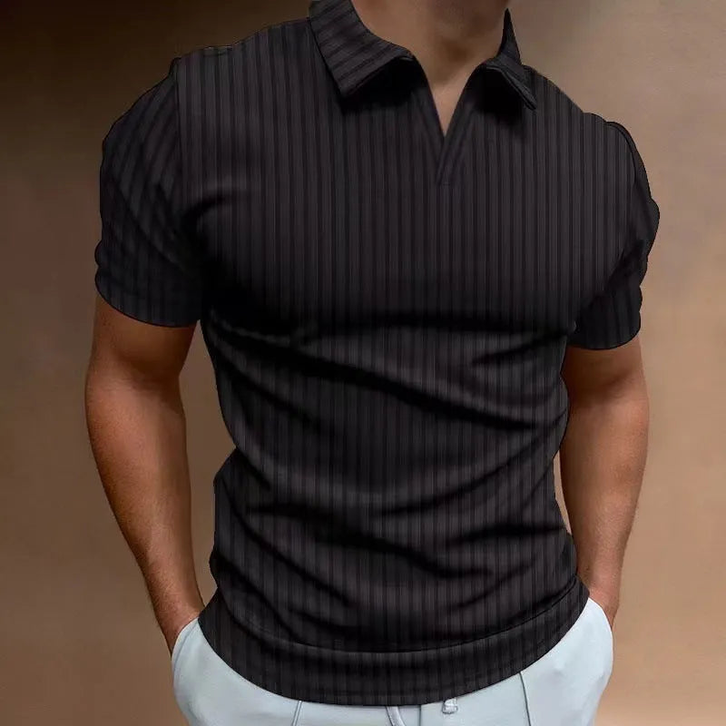 Men's striped V-neck polo shirt in light fabric for summer sports, shown in multiple colour options.