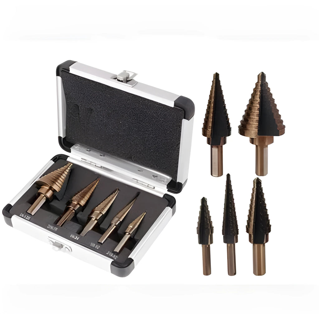5-piece high speed steel ladder drill set in aluminium box with step bits from 3/16 to 1/2 inch