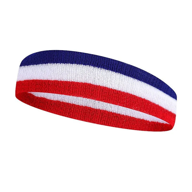 Multi-colour sports headband for adults shown in red, yellow and blue, with a size scale indicating 5.5 cm width.
