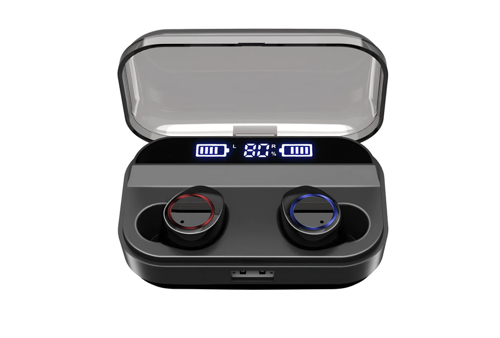 X11 black wireless Bluetooth earphones and charging case with silicone ear tips.