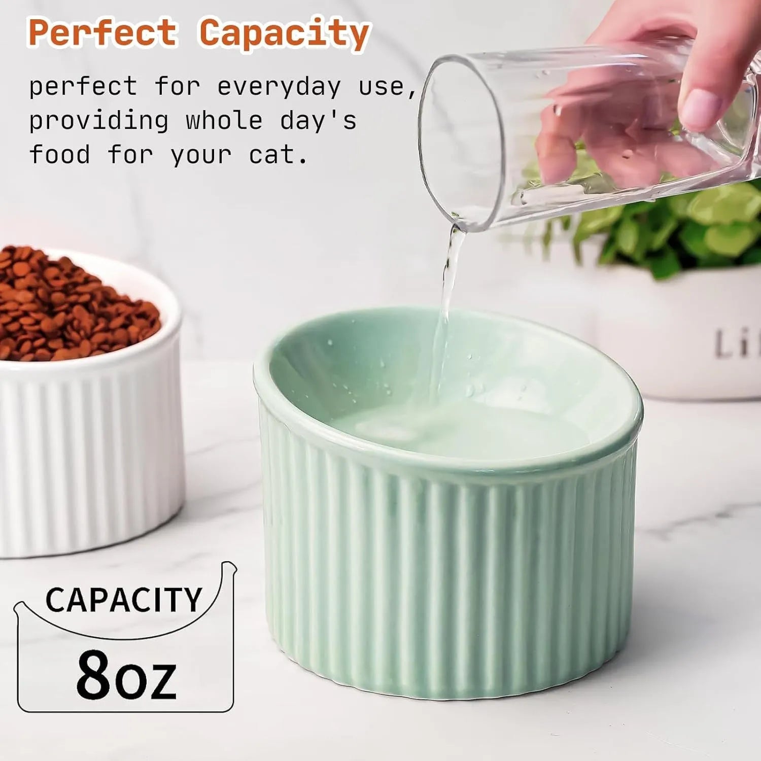 Elevated ceramic cat bowl in green, showing tilted design and raised height for feeding.