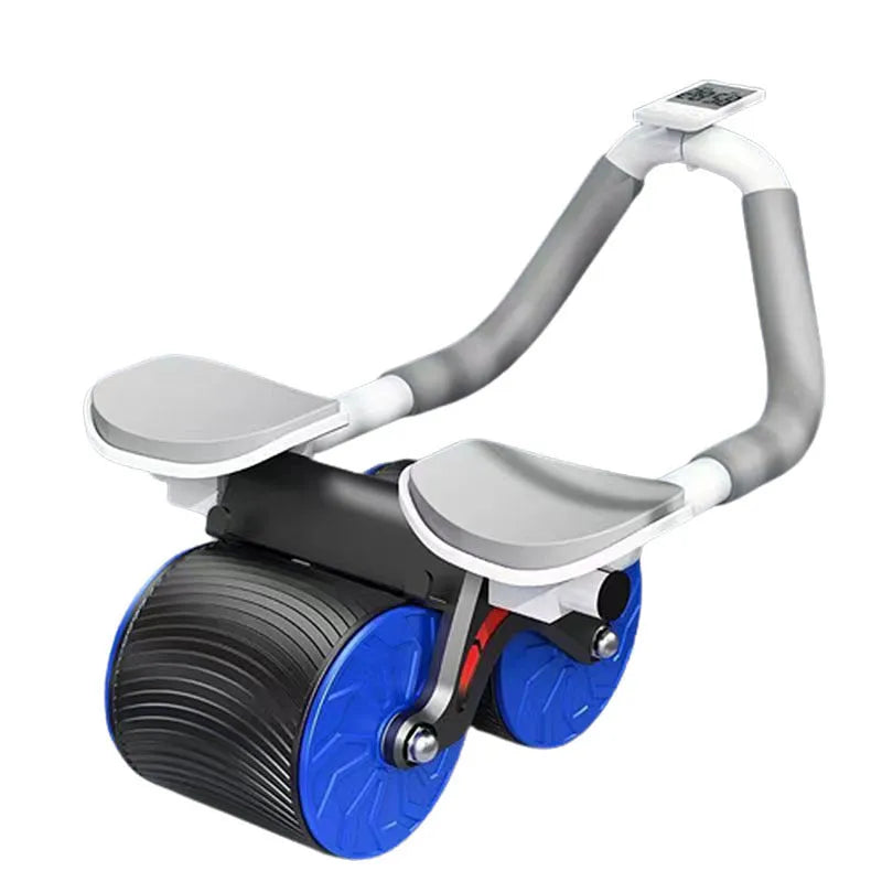 Black abdominal exercise wheel with automatic rebound mechanism next to a grey NBR yoga mat.