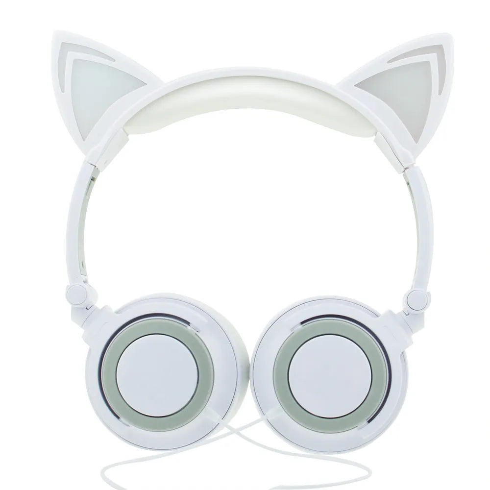 Black cat ear headphones with illuminated blue LED lights on the ears and ear cushions.