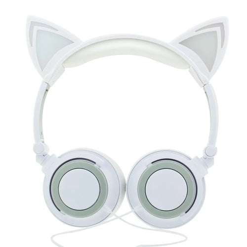 Black cat ear headphones with illuminated blue LED lights on the ears and ear cushions.