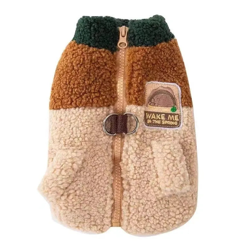 Lomi Brown denim-style polyester traction vest for dogs, side view, sizes XS to XL