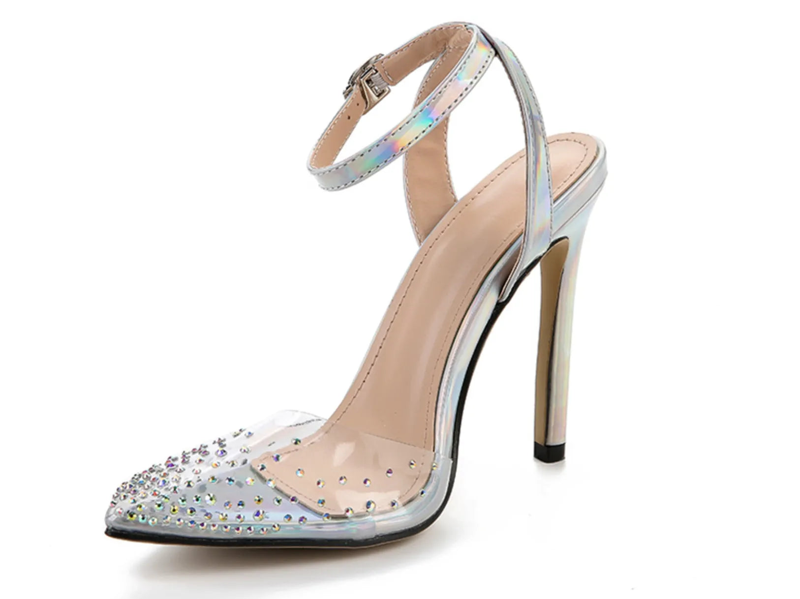 Women's pointed toe diamond sandals with stiletto heels on a white background