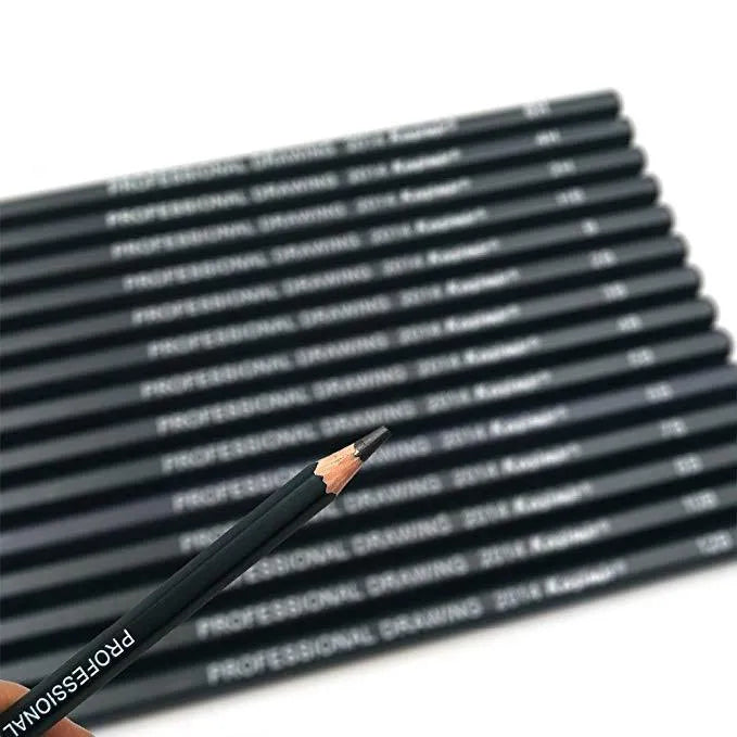 Set of 14 black graphite drawing pencils in a box, each labelled with grade from 6H to 12B, 18cm length