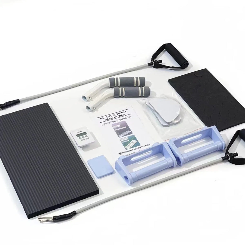 Purple foldable belly panel trainer for abdominal exercises on a home floor