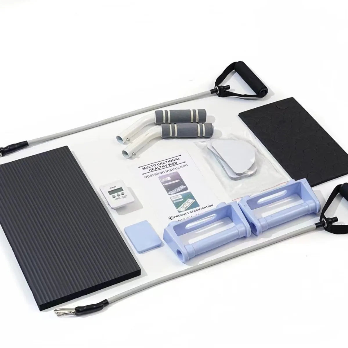 Purple foldable belly panel trainer for abdominal exercises on a home floor