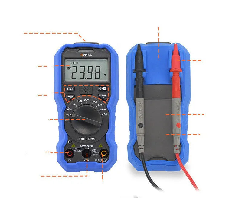 Handheld digital multimeter showing display, model options OW16B and OW18 with Bluetooth function choices.