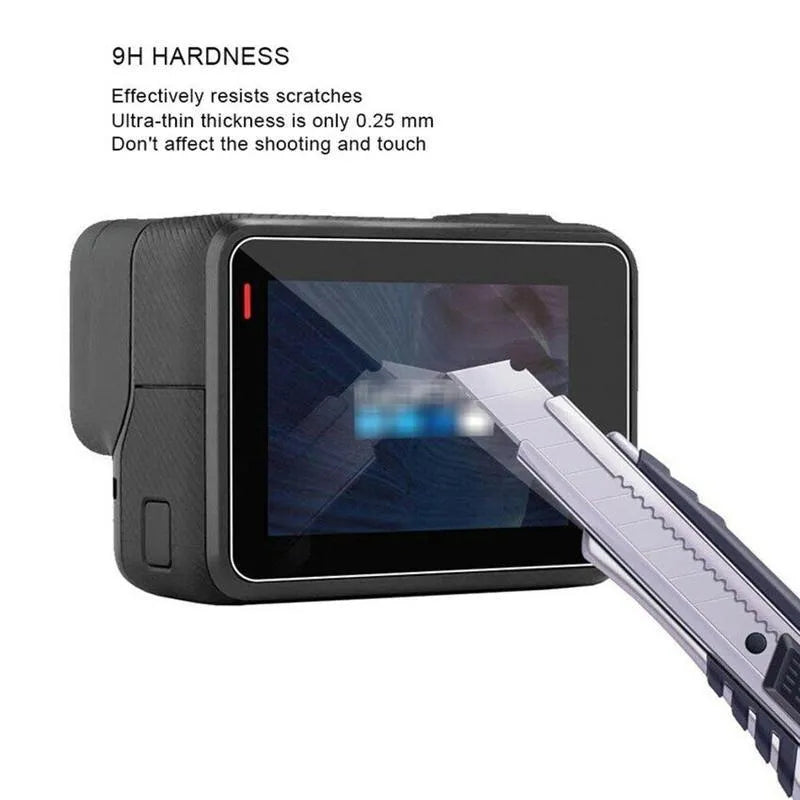 Transparent tempered glass screen and lens protector kit for GoPro Hero 5, 6, and 7 cameras