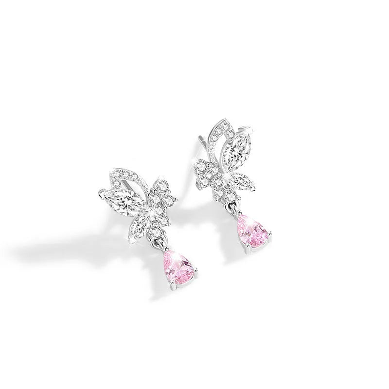 Silver butterfly stud earrings with crystal details on 925 sterling silver
