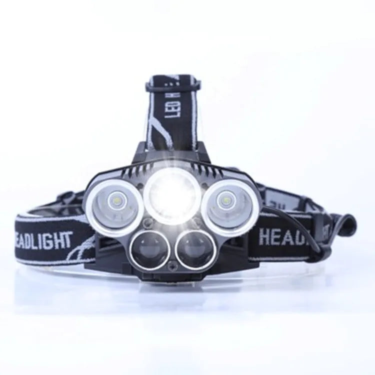 Head-mounted LED torch with long-range beam for outdoor camping and hiking activities.