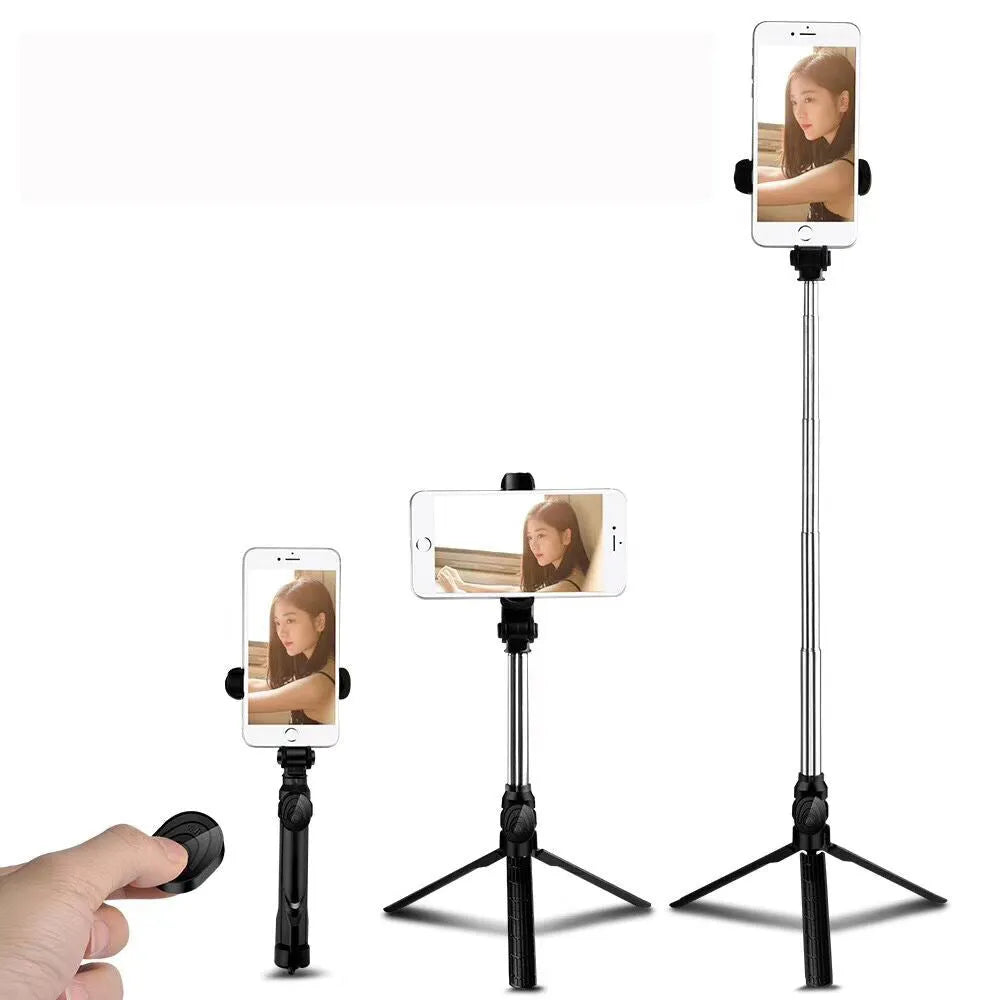 Bluetooth tripod selfie stick with remote control extended to 763mm length showing phone clip rotation