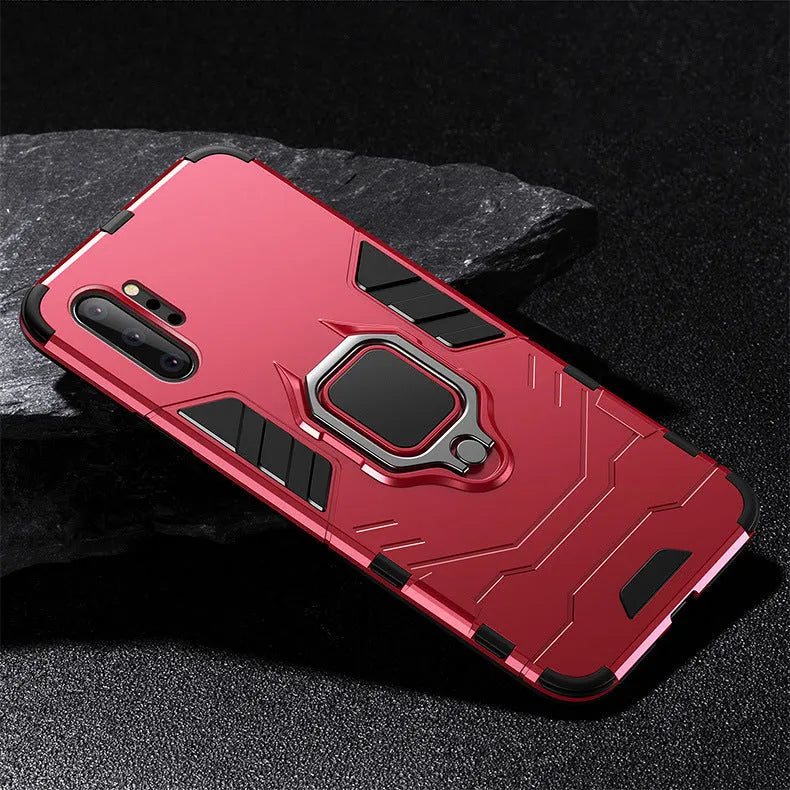 Iron Man magnetic Samsung phone case in black showing integrated metal ring on back.
