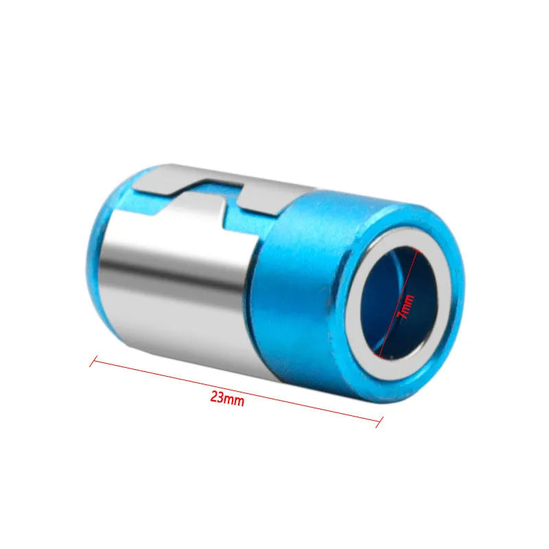 Light blue magnetic screwdriver bit with slotted head and high-carbon steel construction