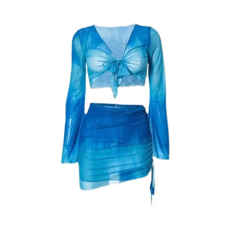 Women's blue four-piece bikini swimsuit set with high-waisted briefs and separate skirt