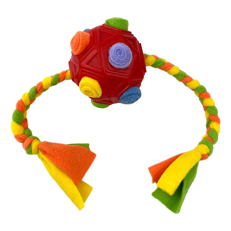 TPE sniffing ball dog puzzle toy showing textured surface with openings for treat dispensing